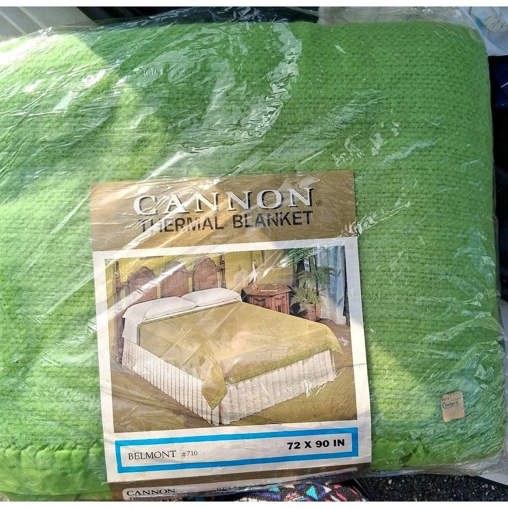 Vtg NOS 70s CANNON Dover 72X90 Green Blanket Border Grandpacore New